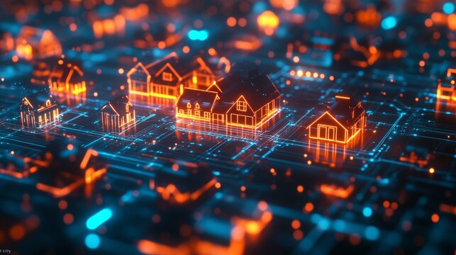 A glowing futuristic cityscape with neon orange and blue holographic houses on a digital grid, symbolizing smart cities, innovation, modern real estate, connectivity, and advanced technology concepts.
