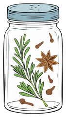 Illustration of a glass mason jar with aromatic herbs and spices like rosemary, star anise, and cloves