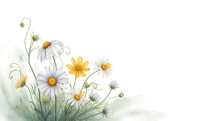 Delicate watercolor painting of white and yellow daisies with soft green foliage in a corner arrangement on a white background