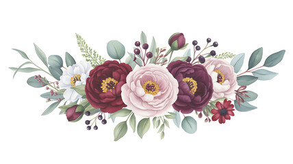 Elegant watercolor floral arrangement featuring burgundy and blush pink peonies with delicate greenery and berries