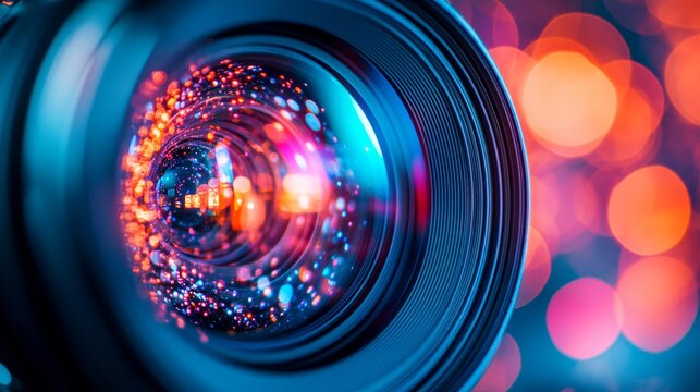 Futuristic glowing camera lens with vibrant reflections and bright digital bokeh lights, modern photography, optical technology, creative media, professional equipment, and innovative visual design