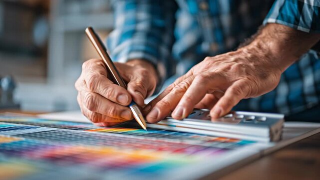 Color swatch print proof with ruler and designer hand tool in workshop gradient palette, paper, ink, layout craft, calibration, precision, alignment