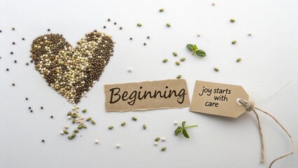 Heart-shaped arrangement of assorted seeds with a tag that reads "Beginning" and "joy starts with care" on white background