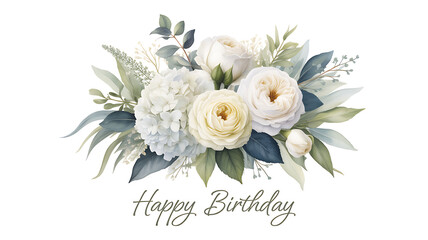 Elegant watercolor floral arrangement with soft white and cream roses and eucalyptus leaves for a special occasion