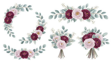 Elegant watercolor floral arrangements featuring burgundy roses and soft pink peonies with greenery for wedding and celebration design