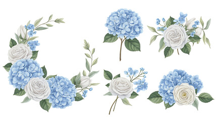 Elegant watercolor floral arrangements featuring delicate blue hydrangeas and soft white roses in a crescent and cluster designs