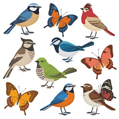 Collection of diverse small birds and colorful butterflies isolated on a white background in a charming illustration