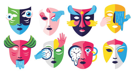Colorful abstract masks representing various emotions and concepts in a creative design.