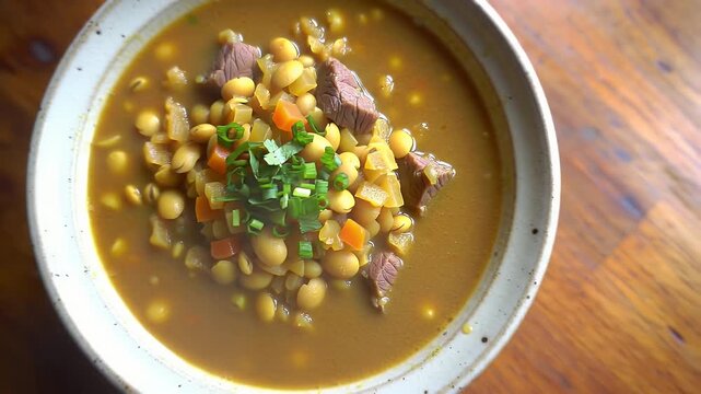 Hearty Split Pea Soup with Beef Cubes and Fresh Cilantro on a Rustic Tabletop