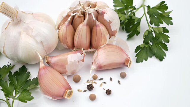 Close Up of Fresh White Garlic Bulbs Cloves and Green Parsley on White Table