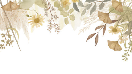 Delicate watercolor illustration of dried autumnal foliage and flowers creating a soft border at the top of the frame