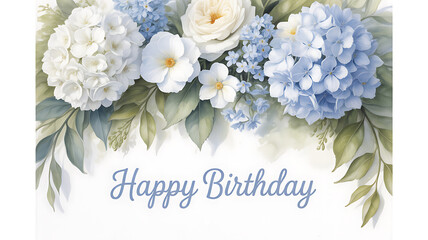 Elegant watercolor floral arrangement with soft blue and white hydrangeas and roses for happy birthday greeting card