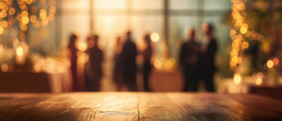 The Wooden Tabletop at a Festive Cocktail Party with Warm Bokeh Lights