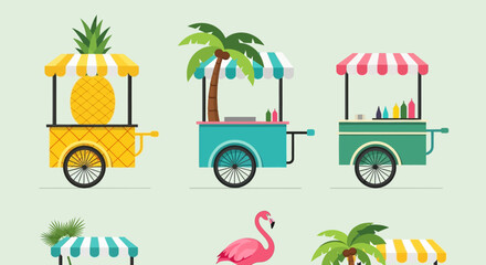Fototapeta premium Colorful Cartoon Food Carts with Tropical Themes and Flamingo.