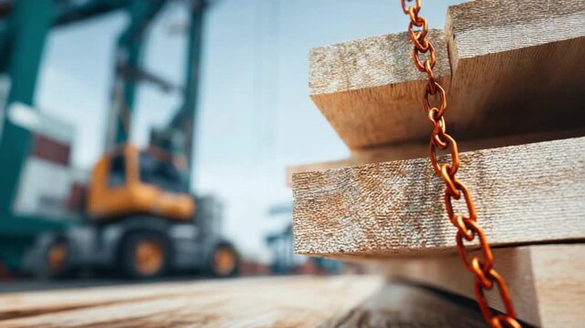 Logistics and Materials: A macro view of a stack of lumber secured with a chain in an industrial environment. Captured with selective focus, the image shows a yellow vehicle in the background.