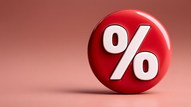 A three-dimensional white percent sign (%) is prominently displayed on a shiny, rounded red button or circle, set against a soft, rosy-brown background.