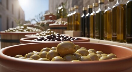 Mediterranean market scene showcasing fresh olives and olive oil. Perfect for culinary tourism promotion, healthy eating campaigns, and Mediterranean diet marketing.
