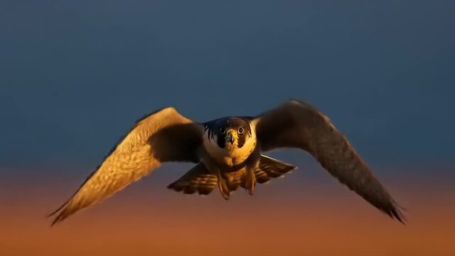 Majestic falcon soaring through a vibrant sunset sky, showcasing its wings in flight