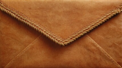 A close-up photograph displays the textured leather flap of a tan envelope-style clutch or wallet, featuring a distinctive braided or whipstitched edge along the triangular closure.