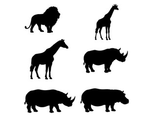Set of Black Silhouettes of Wildlife Animals Lion, Giraffe, Rhinoceros, and Hippopotamus - Vector Graphics