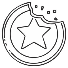 Bitten star cookie with crumbs hand drawn icon. Simple black and white line art illustration of a sweet treat.