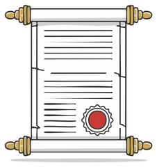 Cartoon scroll with seal on parchment document, illustration of old paper roll, charter or diploma design element