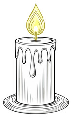 Hand drawn style lit candle with melting wax and bright yellow flame on a circular base