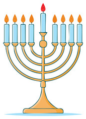 Golden Menorah with Nine Illuminated Candles Jewish Festival of Lights Celebration