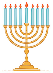 Menorah illustration with nine lit candles, festive celebration of Hanukkah, holiday symbol