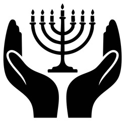 Hands cradling menorah symbol with seven lit candles representing Jewish faith and tradition