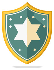 Stylized gold and teal shield with a prominent six pointed star and diamond accents offering a modern emblem of protection or quality