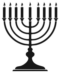Traditional Hanukkah Menorah Silhouette with Lit Candles in a Black and White Design.