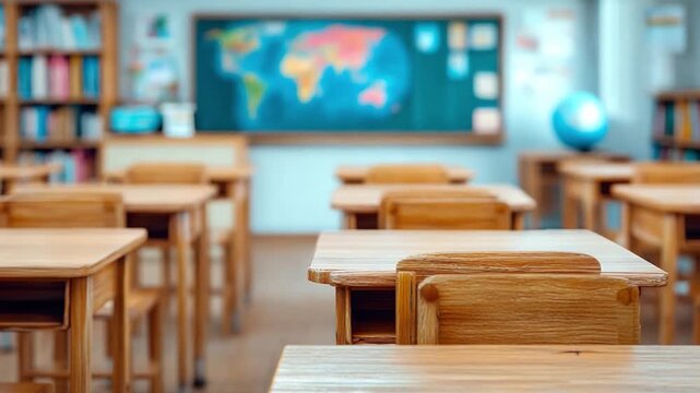 Empty classroom: An inviting classroom, neatly arranged desks, the blackboard and world map with a globe present. This setup is all ready for education, learning, knowledge, and personal growth.