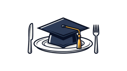 Illustration of a graduation cap on a plate with a knife and fork.