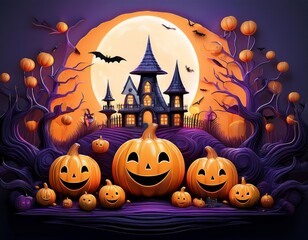 AI Generative Halloween scene with pumpkins, haunted house, full moon, and bats.