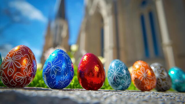 Easter egg colorful decorated spring outdoors church celebration holiday floral pattern joyful scene painted eggs lined stone near garden bokeh