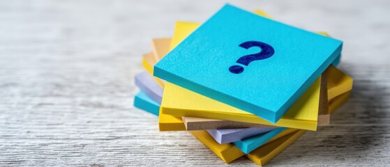 The stack of sticky notes with blue question mark symbolizing questions and creative brainstorming