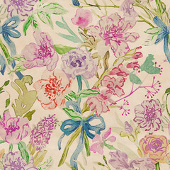 A seamless floral pattern featuring bouquets of flowers, peonies, lucid flowers, and irises tied with ribbon, painted with watercolors in soft pastel tones.