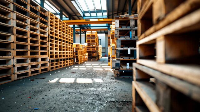 Warehouse pallet wood logistics storage shipping industrial supply chain stacked wood pallet warehouse with warm light shipping document logistics