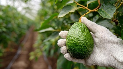 The farmer's hands is Wearing white gloves are about to pick Avocado from the tree.