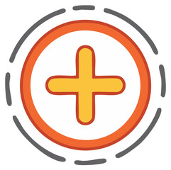 Bright yellow plus sign inside a bold orange circle with a dotted line halo