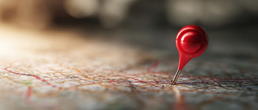 The Red Map Pin Marking a Destination on a Vintage Paper Road Map