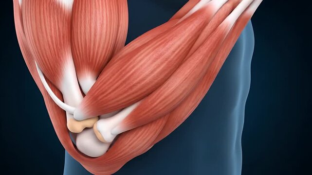 Detailed anatomical illustration of human elbow muscles and bones.