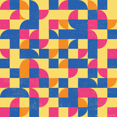 A playful explosion of color and shape! This vibrant seamless pattern features a retro geometric mosaic with a cool, modern Bauhaus vibe. Textured details add a delightful, tactile feel.