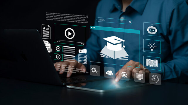 AI Artificial Intelligence and Education technology concept. A man use laptops, Learn lessons and online webinars successfully in modern digital learning, Courses to develop new skills. E-learning.