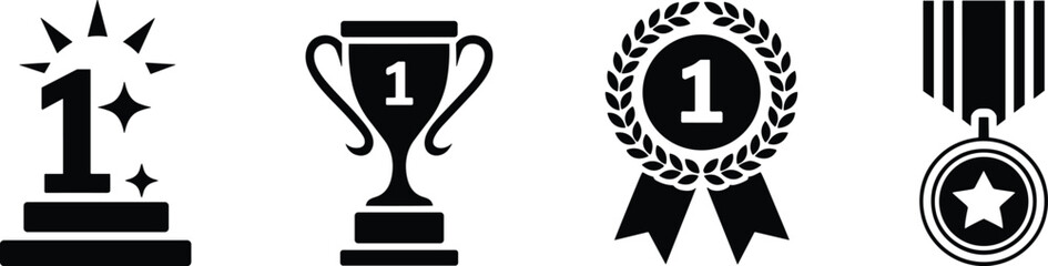 Award icons set featuring pedestal, trophy, laurel wreath, and medal in black and white for victory, recognition, and achievement