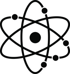 Atom structure silhouette illustration, black and white science icon, electron orbit graphic, chemistry symbol, physics education design, nucleus diagram
