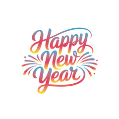 Colorful Happy New Year typography vector logo with modern brush lettering and festive fireworks elements. Designed in vibrant gradient shades of red, orange, pink, and blue on a clean white