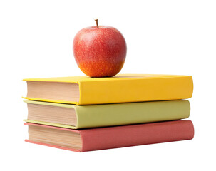 A red apple rests atop of stacked books on transparent background