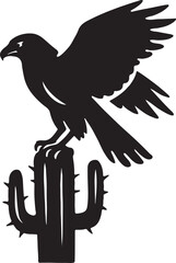 Silhouette of a raven perched on a cactus isolated on white background